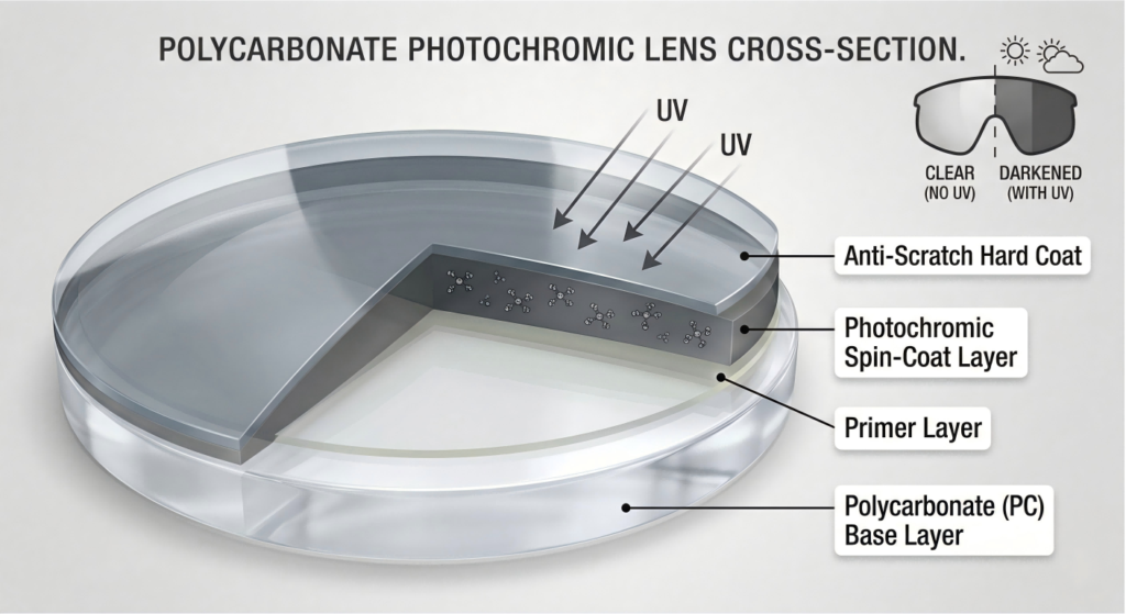How does Polycarbonate (PC) interact with photochromic coatings