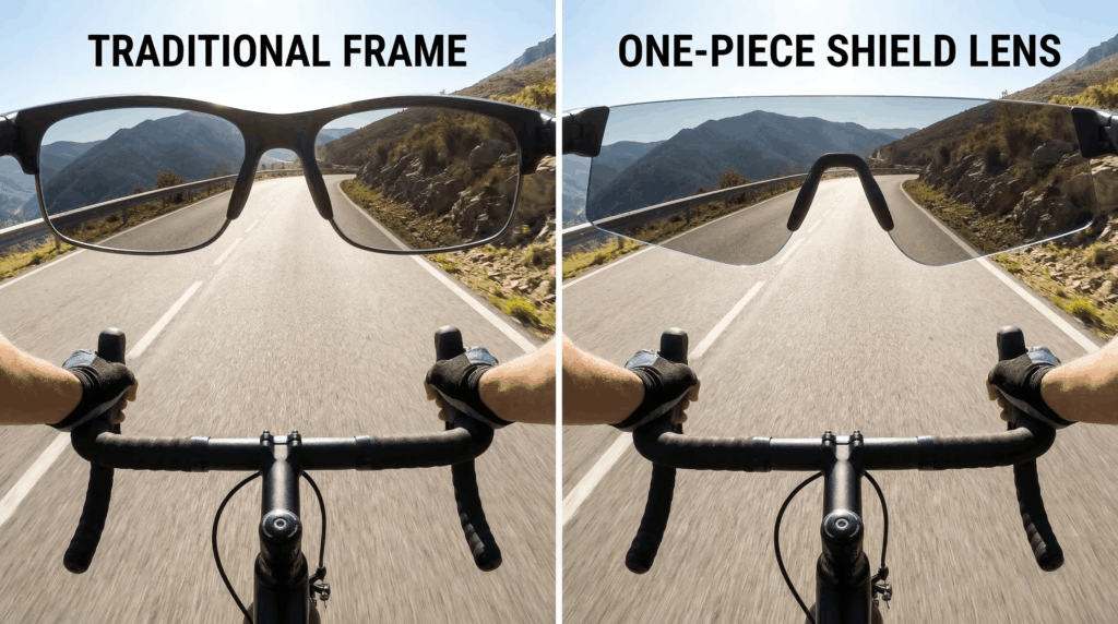 Why Professional Cycling Sunglasses Use One-Piece Shield Lenses?