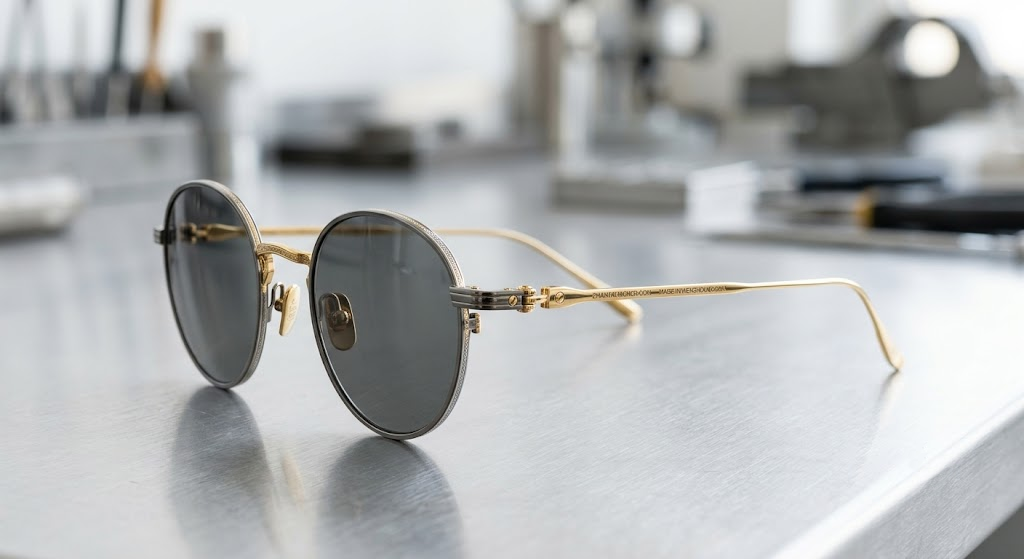 Gold and gunmetal metal round shades sunglasses on a factory workbench.