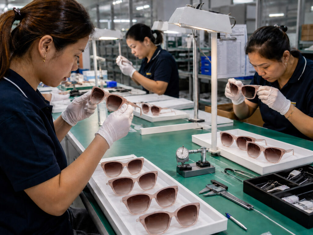 Women sunglasses quality control during OEM mass production
