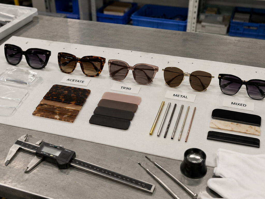 Women sunglasses frame material comparison in an OEM factory